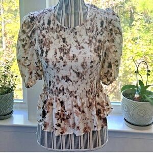 Express Cream & Brown Smocked Peplum Puff-Sleeve Blouse